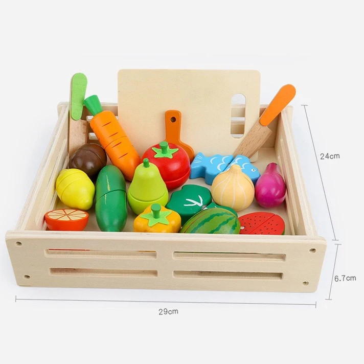 2024 new collection wooden Kitchen Food Toy Fruit Vegetables Basket Pretend Play Toy Set fruit cutting 17 pieces set set