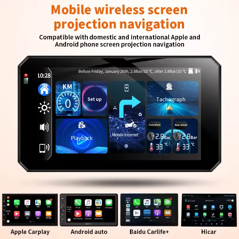 Carlover Dual Sony 2K Wireless CarPlay Android Auto 5 Inch Motorcycle GPS TPMS Tire Pressure Video Recorder