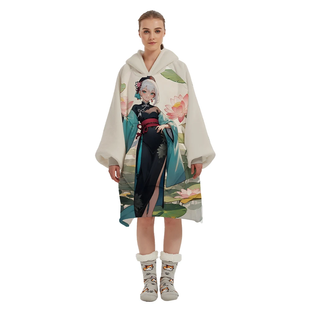 Soft Flannel Panda Wholesale Long Lined Custom Oversized Anime Printed Warmer Fleece Sherpa Wearable Sleeping Hoodie Blanket