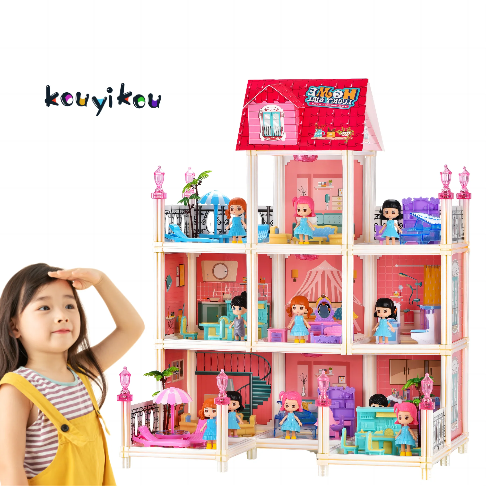 Kouyikou Factory Children Pretend Play Toy Big Doll House Diy Gift Playing Games Educational Building Block Toy for Kids