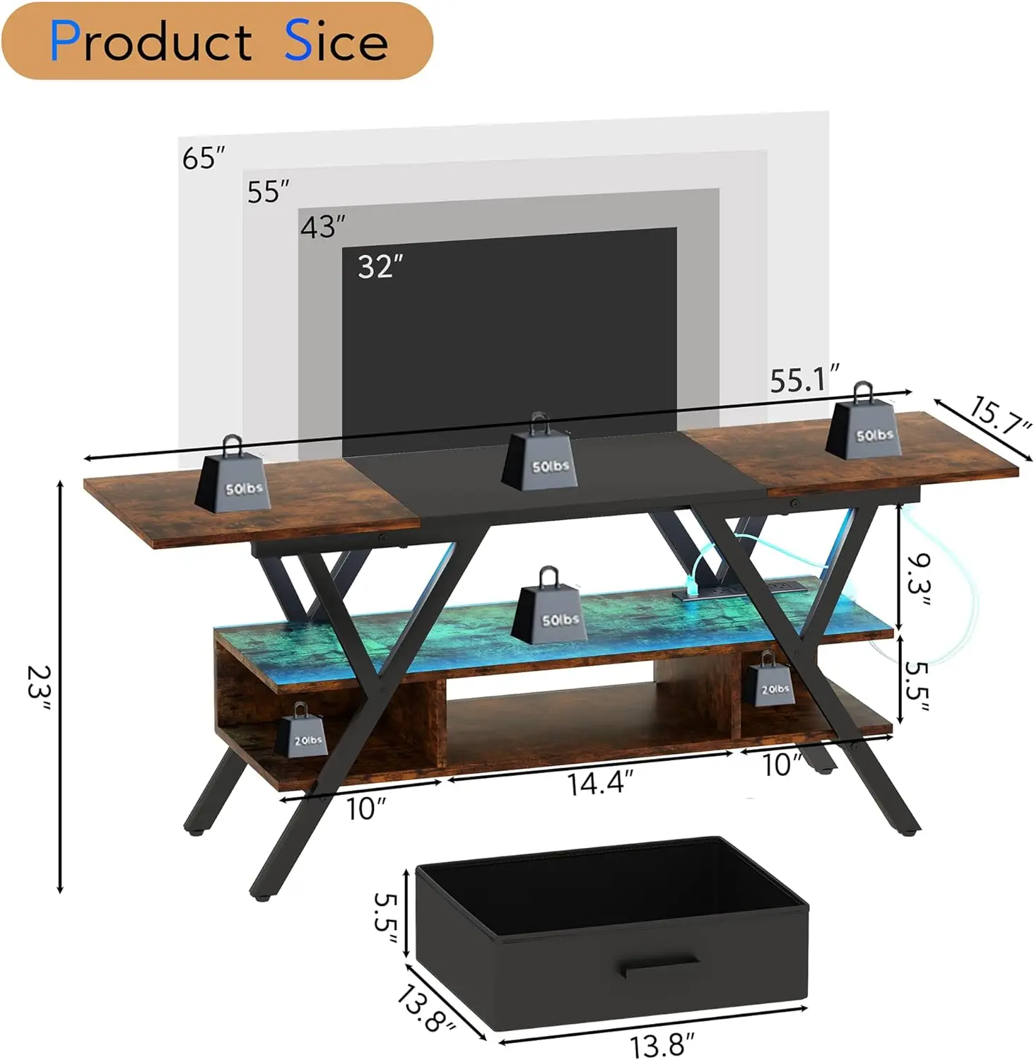 Entertainment Center Gaming TV Table Outlets Media Console Living Room LED TV Stands Table