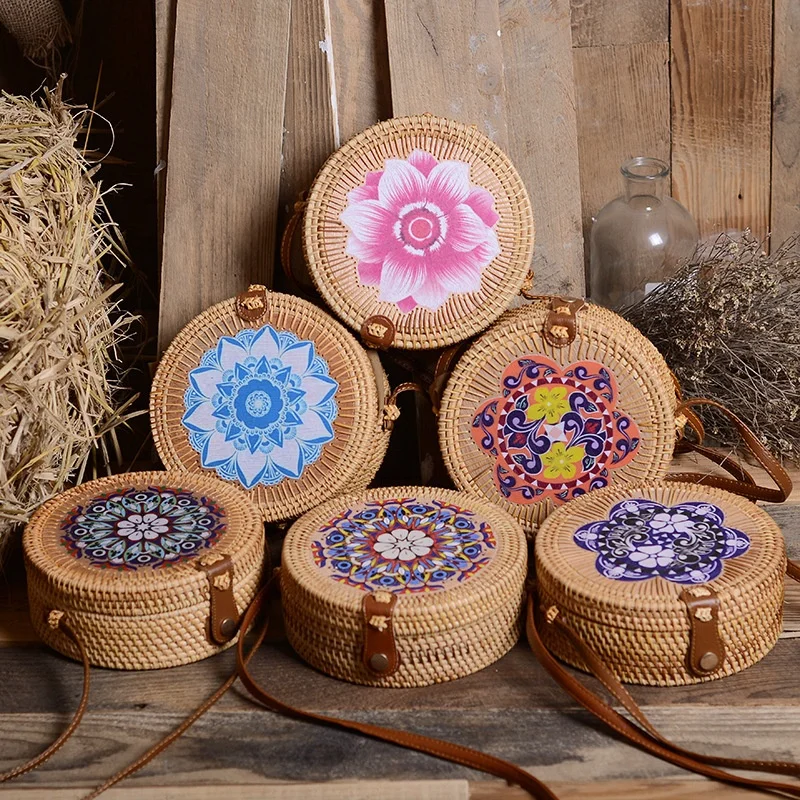 Retro Flower Print Vietnamese Bucket Mini Woven Handmade Fashion Cute Rattan Bag