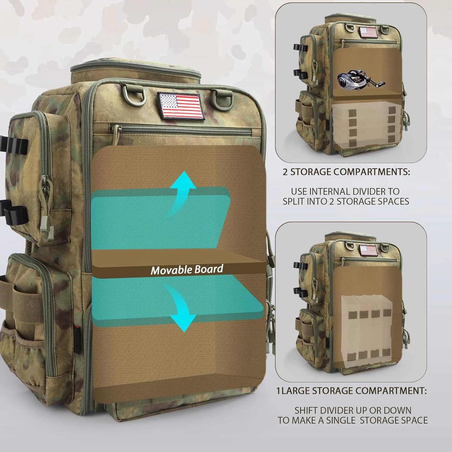 Fishing Backpack, Fishing Tackle Backpack with Rod Holders for 4 Boxes (Box Not Included) 45L Waterproof Fishing Gear