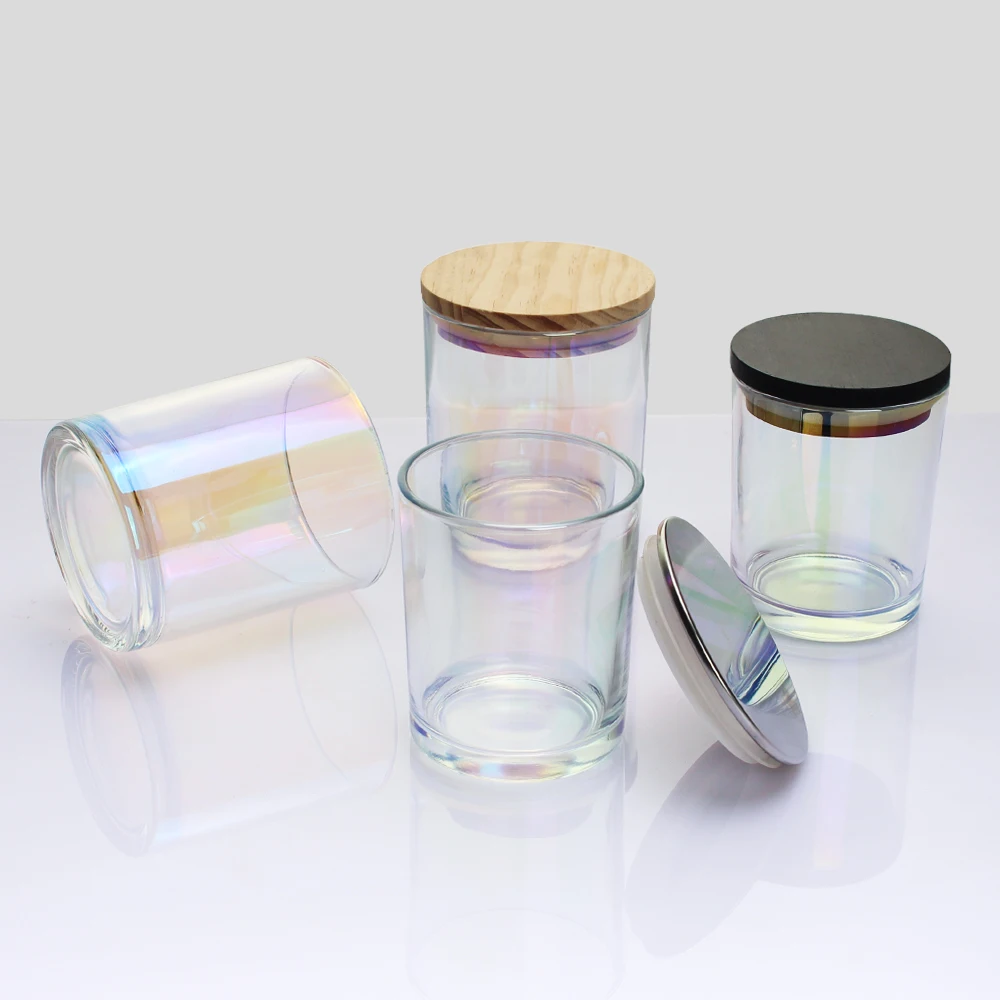 Iridescent Holographic Candle Glfrosted Glass Candle Jar With Wood Lids Candle Jars Glass With Lid