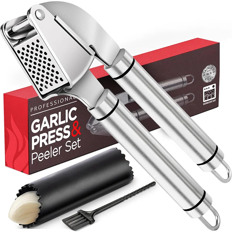 Premium Garlic Press Stainless Steel, Garlic Mincer Tool, Garlic Crusher Tool, Garlic Smasher Garlic Masher Includes Silicone Ga