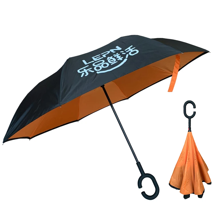 YS-8070 Upside Down Double Layer Inverted Umbrella Custom Logo Windproof Manual Open and Close C- Handle Reverse Umbrella