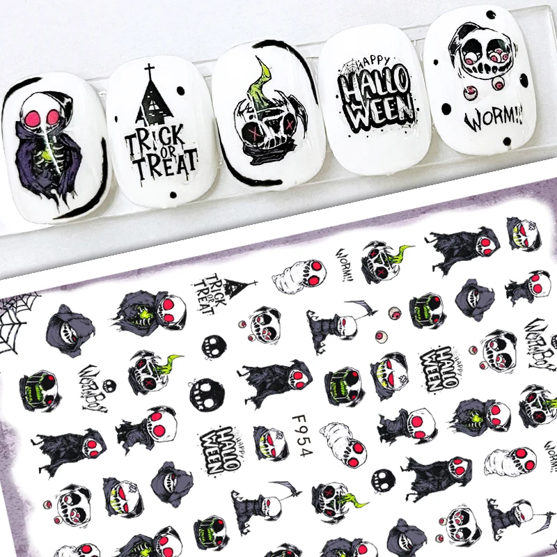 F series Hot-sale 3D Halloween Ghost Cute Skull Pumpkin  Mixed Color Black Cat Nail Sticker Decals For Nail Art Decoration