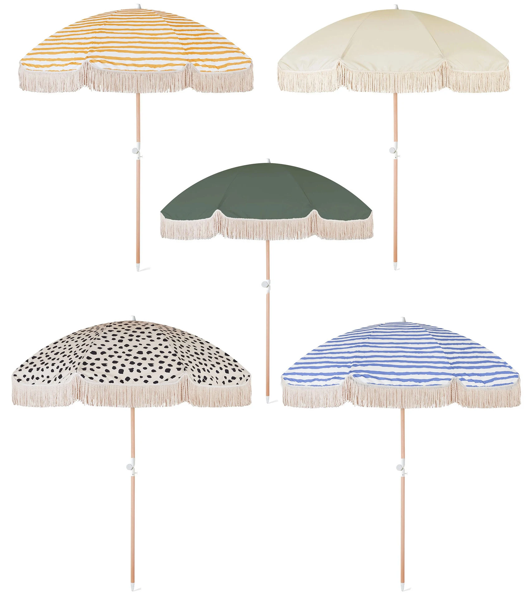 White Yellow Wooden Shaft Custom Print Beach Pool Parasol Umbrella With Tassels