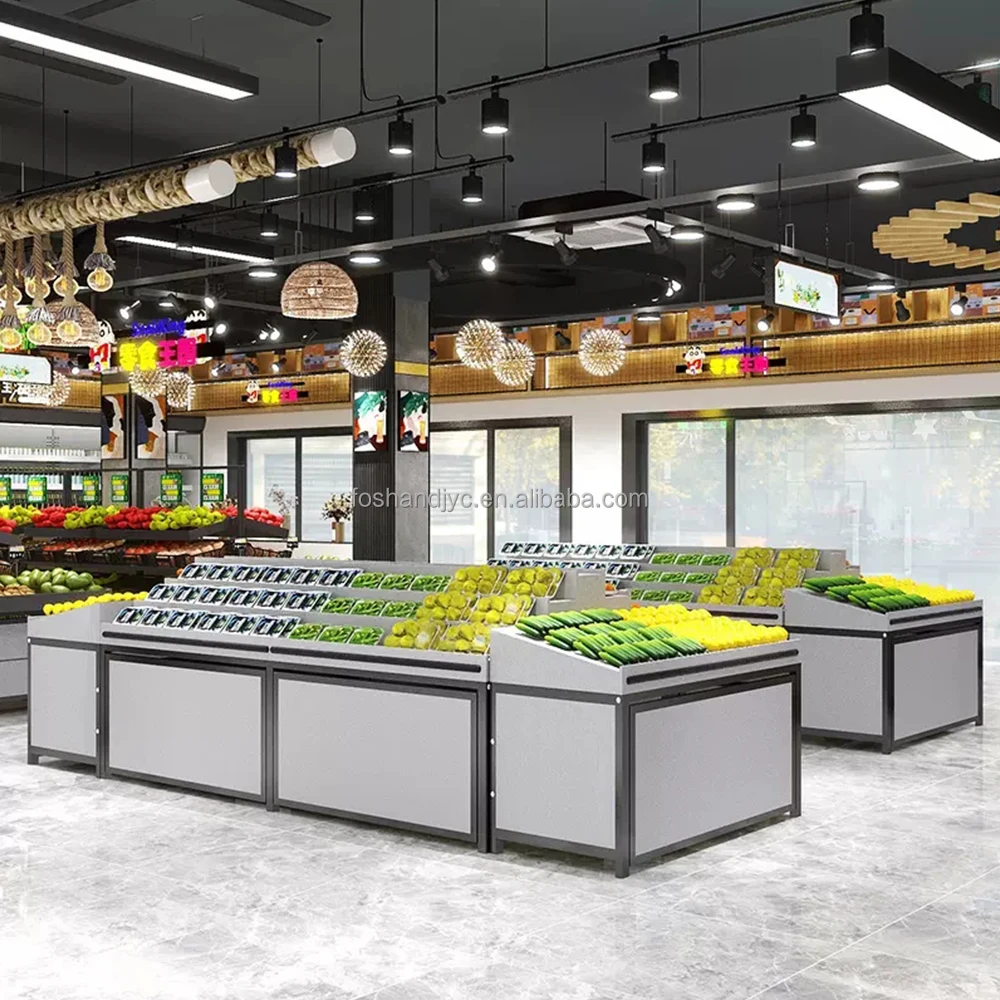 Modern Design Double-Sided Metal Vegetable and Fruit Rack Supermarket Display Stand with Wooden Shelves