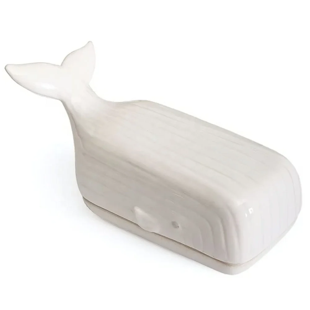 Custom contemporary dinnerware rectangular nautical glossy ceramic white whale porcelain butter dish with cover lid