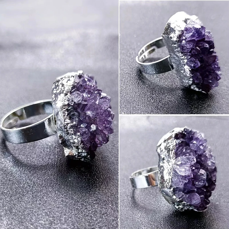 Natural Gemstone Druzy Quartz Purple Crystal Golden Silver Bezel-set Amethyst Cluster Ring For Women