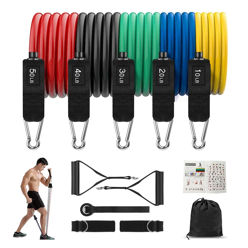 Physical Therapy Fitness Stretch Workout 10-50LB Latex Resistance Tube Straps 11 Pcs Resistance Bands Set
