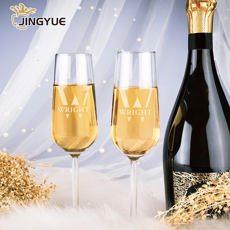 Customized Logo Engraved 7oz Personalized Toasting Champagne Flute Glasses Set with Gift Box for Wedding Bridal Party Engagement