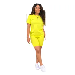 2023 fashion short sleeves neon two pieces shorts set casual 2 piece women jogger sweat pants