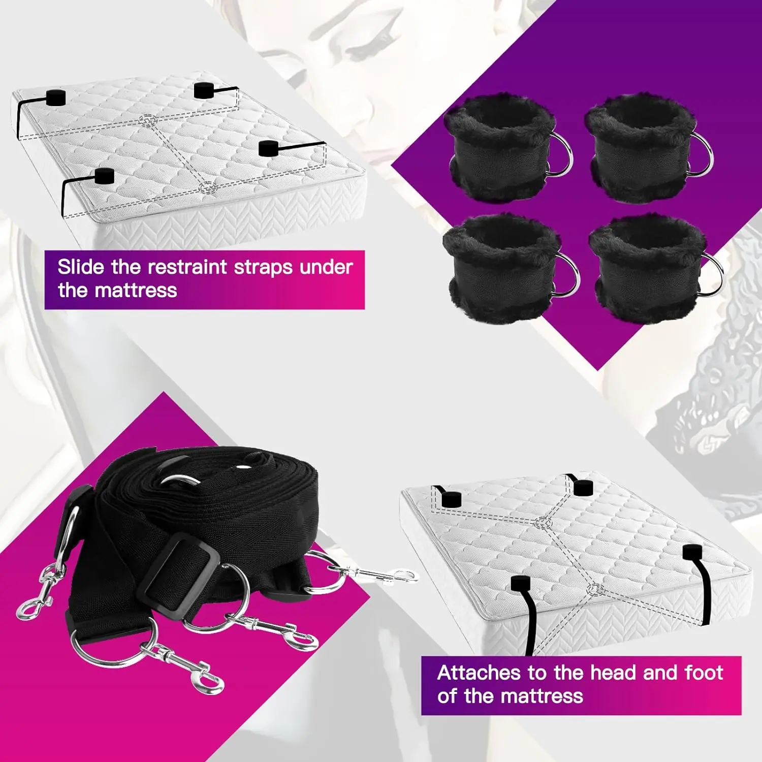 Bed Adjustable Bondage Restraints Cross Strap Wrist Ankle Cuffs Durable Nylon and Soft Plush BDSM Toys for Couples