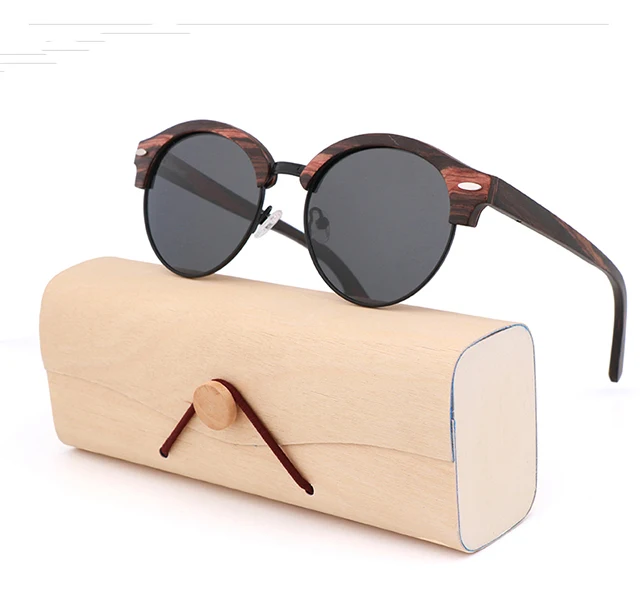 Оптовая продажа Новое поступление мужские солнцезащитные очки в круглой оправе из черного ореха и дерева унисекс