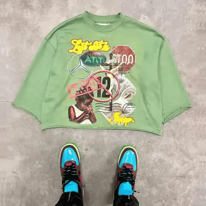 Yingling Customize 400gsm French Terry Tshirt Raw Hem Tee Cotton Graphic Dtg Printed Long Sleeve T-shirt Boxy Cropped T Shirt