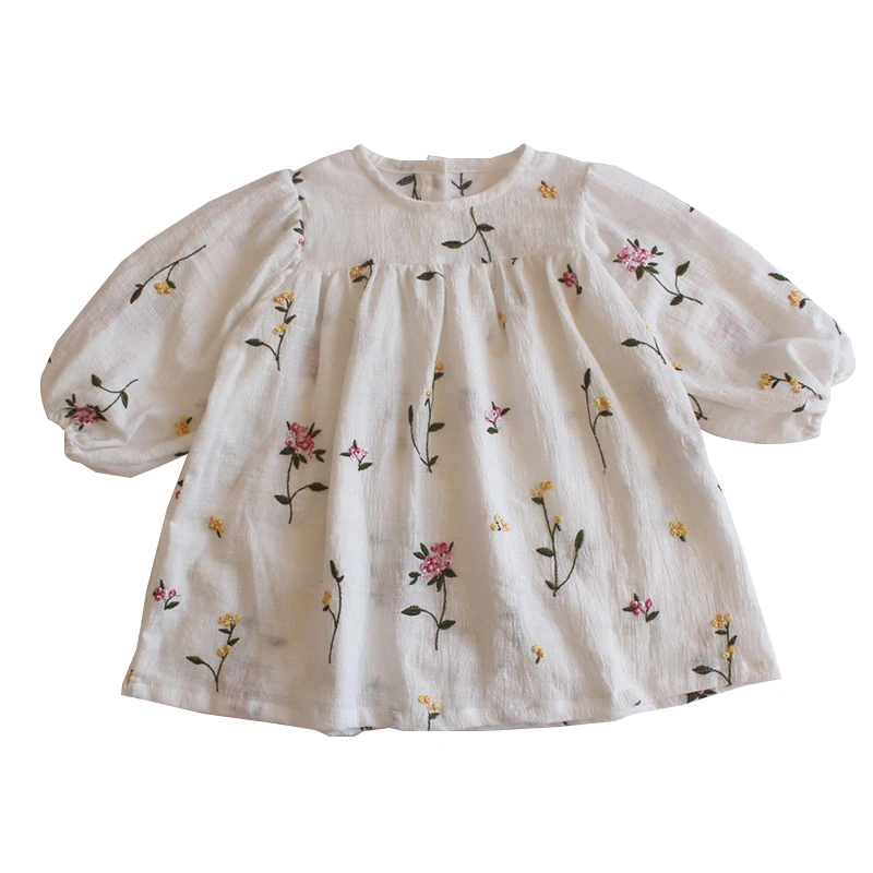Kids Princess Dresses Embroidery Floral Puff Sleeve Baby Girls Loose Cotton Dress 2021 Spring Children Clothes