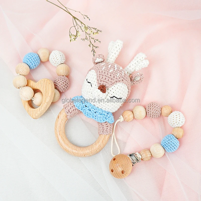 Custom Crochet Animals Cute Newborn Gift Set Wooden Teether Rattle Christmas Children  Baby Rattle Crochet Toys
