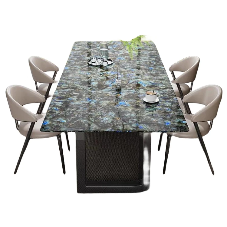 Luxurious Natural Blue Jade Table Modern Design with Environmental Quality Metal Dining Room Furniture for Home Entry Mall Use