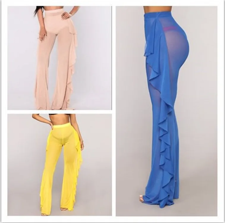 High quality sexy women mesh bell-bottom colorful swimwear beach long pants