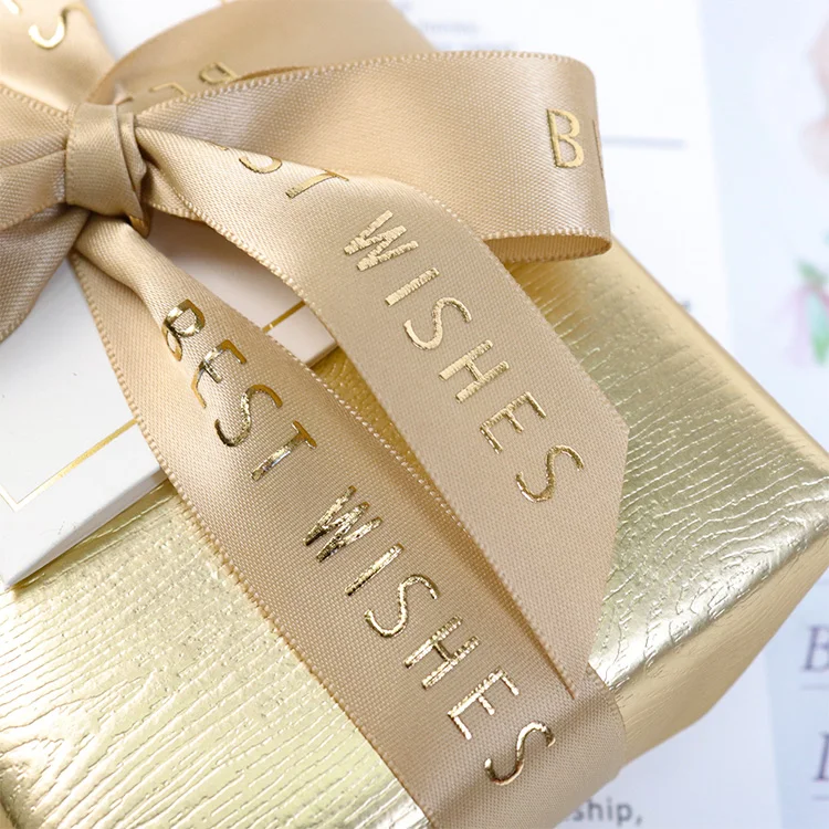 Wholesale christmas gift packaging embossed gold foil printed customize ribbon with logo in 3 d gold