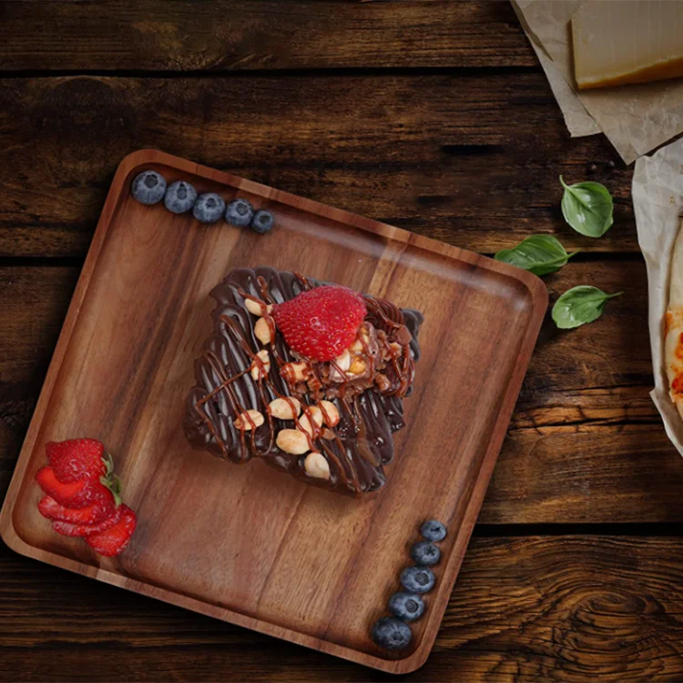 Customized 10inch Wooden Square Tray Unbreakable Plates Serving Tray Wooden Dishes Acacia Wood Dinner Charger Plates