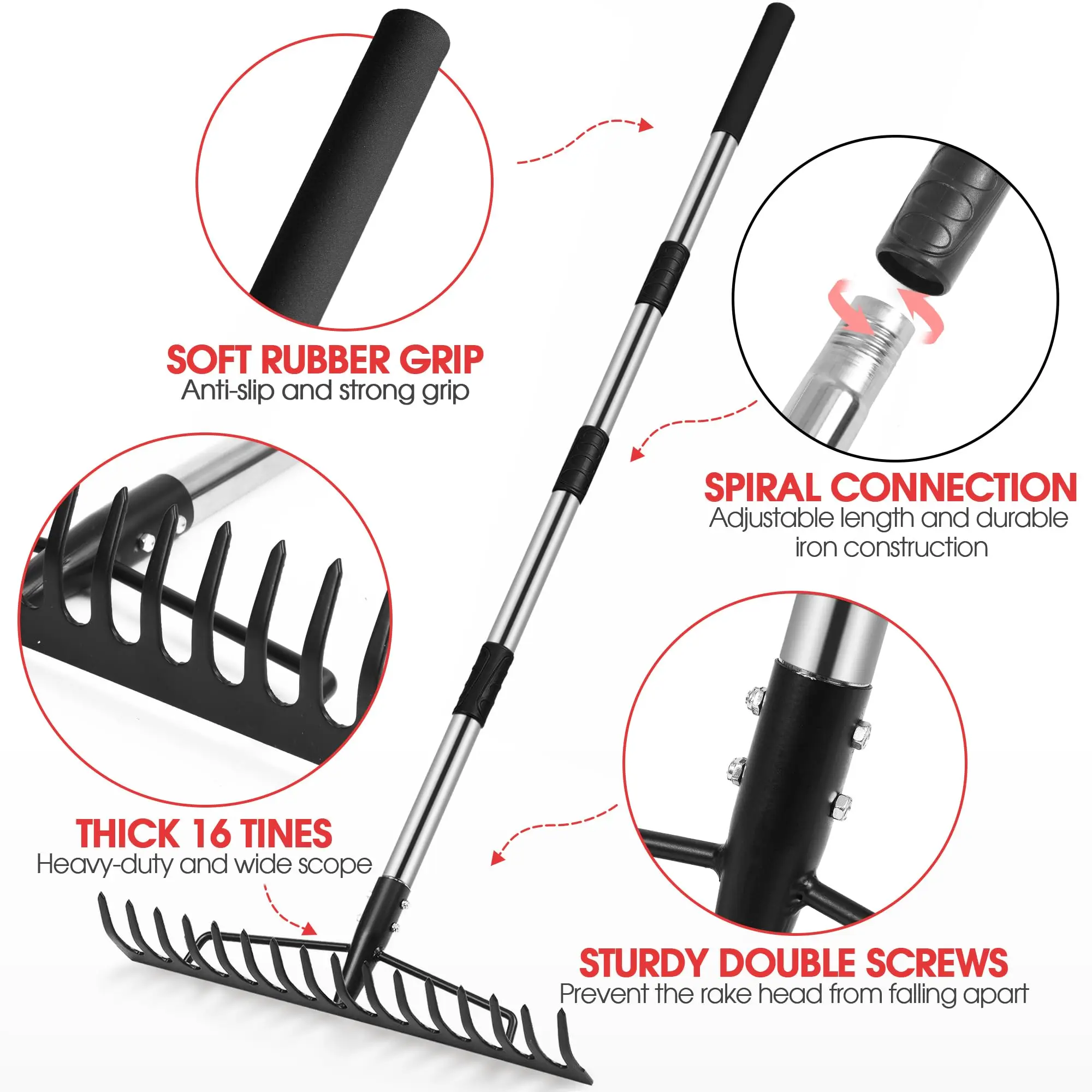 Garden Rake 16 Tines with Adjustable Handle Bow Rake for Lawns Heavy Duty Loosening Soil Gathering Leaf Yard Rake Gloves Beach