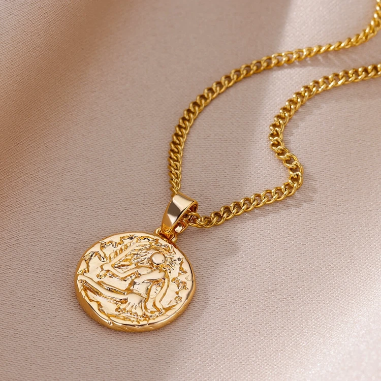 Fashion Trendy Jewelry Gold Plated Stainless Steel Round Coin Embossed Pendant Fine Zodiac Sign Charms Necklace for Women