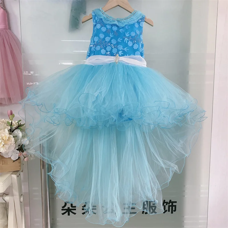 2024 Baby Girls Dresses blue ruffles Kids Clothes sell one piece new model for girls school party Tail dress
