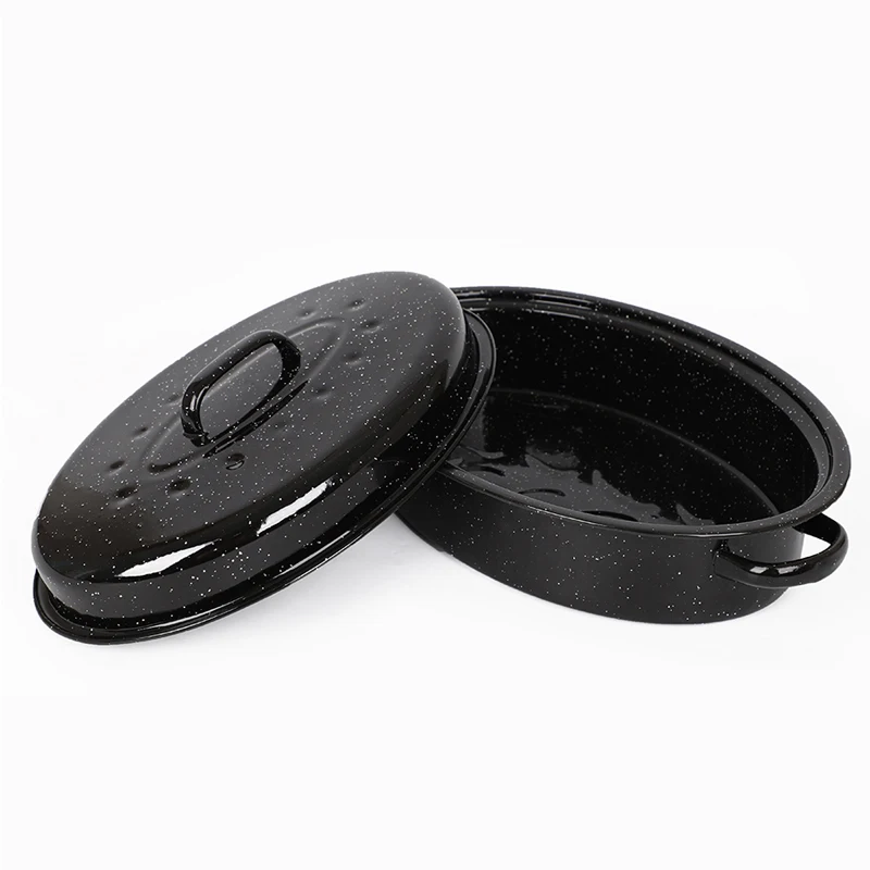 OEM  34cm 41cm 42cm 44cm outdoor camping cookware red Enamelware Chicken Fish Turkey enamel steel Oval roaster pot with lid