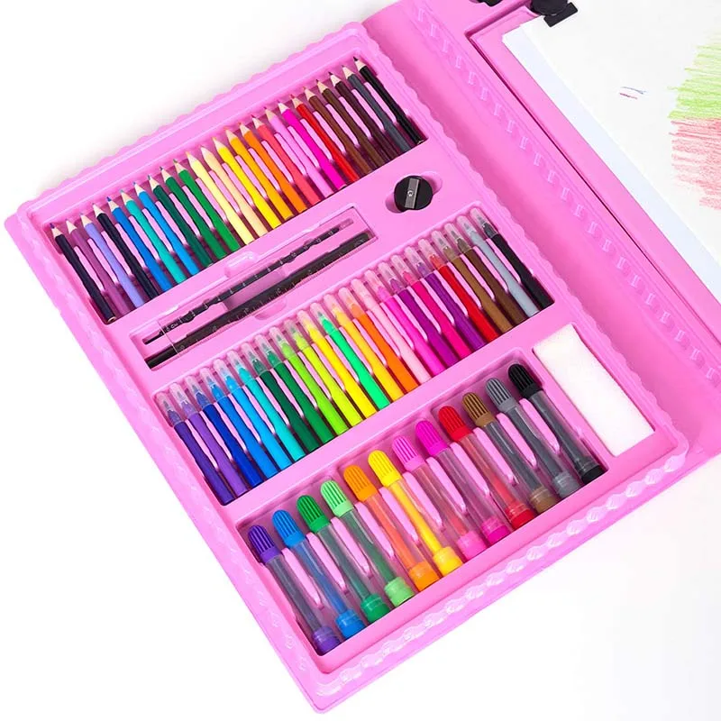 LISI 176 PCS Kids Art Drawing Kit With Double Sided Trifold Easel Box,Oil Pastels, Crayons, Colored Pencils, Paint Brush