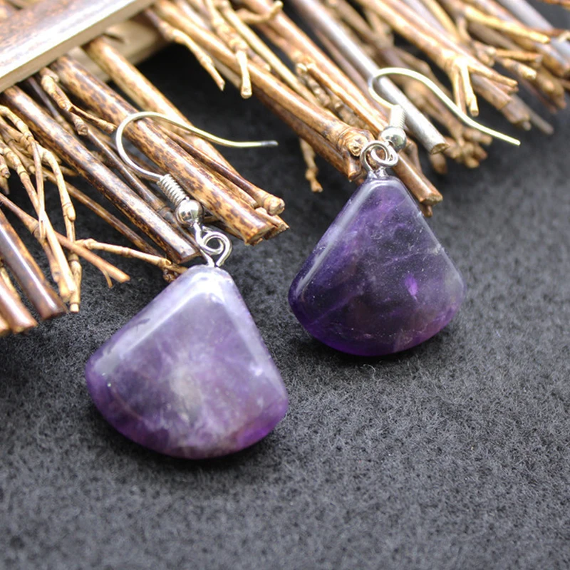 Wholesale Ethnic Wind Crystal Gemstone Earrings Amethyst Fan-shaped Earrings Healing Stone Ear Hook for Gift