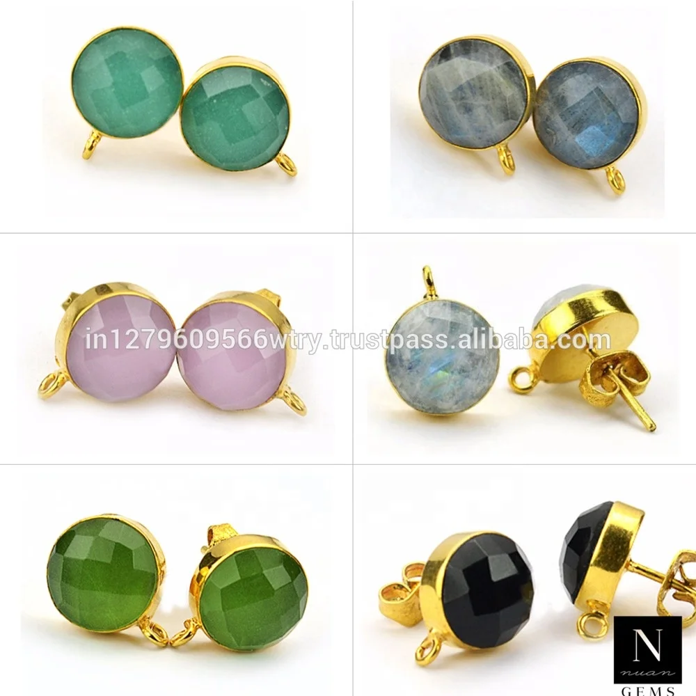 24k Gold Plated Natural Gemstone Brass Earrings Post Set Studs Loop Open Bail Earrings For Woman Ear Studs Wholesale Jewelry Diy