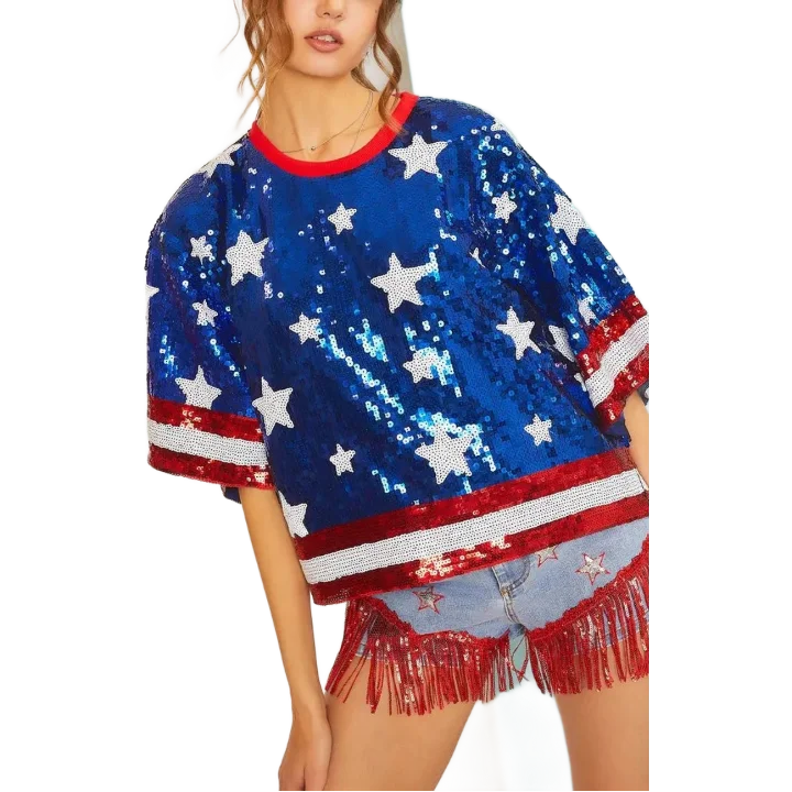 WINGTU Custom Half Sleeve Round Neck T Shirts USA Independence Day July 4th Star Pattern Sequin Shirt For Women