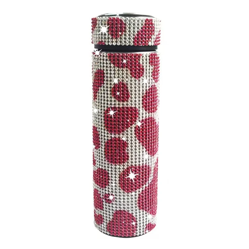 500ml Double Wall Stainless Steel Luxury Full Diamond Rhinestone Rhinestone Flask Led Water Bottle With Temperature Display Lid