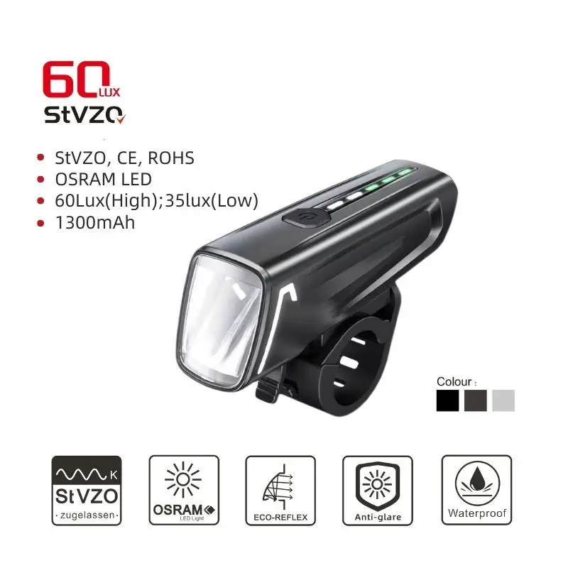 StVZO 60 Lux LED Bike Light Battery-Powered Front Handlebar Mount Night Riding Bicycle Light Durable Plastic Material