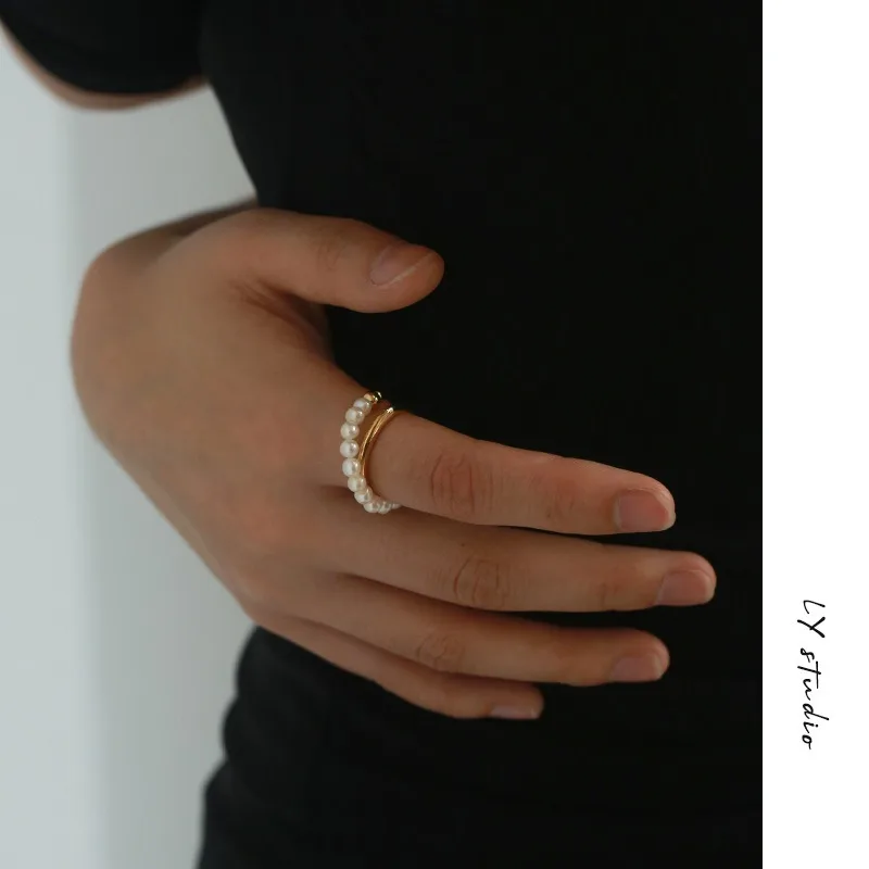European Adjustable Pearl Ring Real Pearl Line Cross Ring Female Lady Style Gentle Design Stacking Jewelry Korean Metal Bulk
