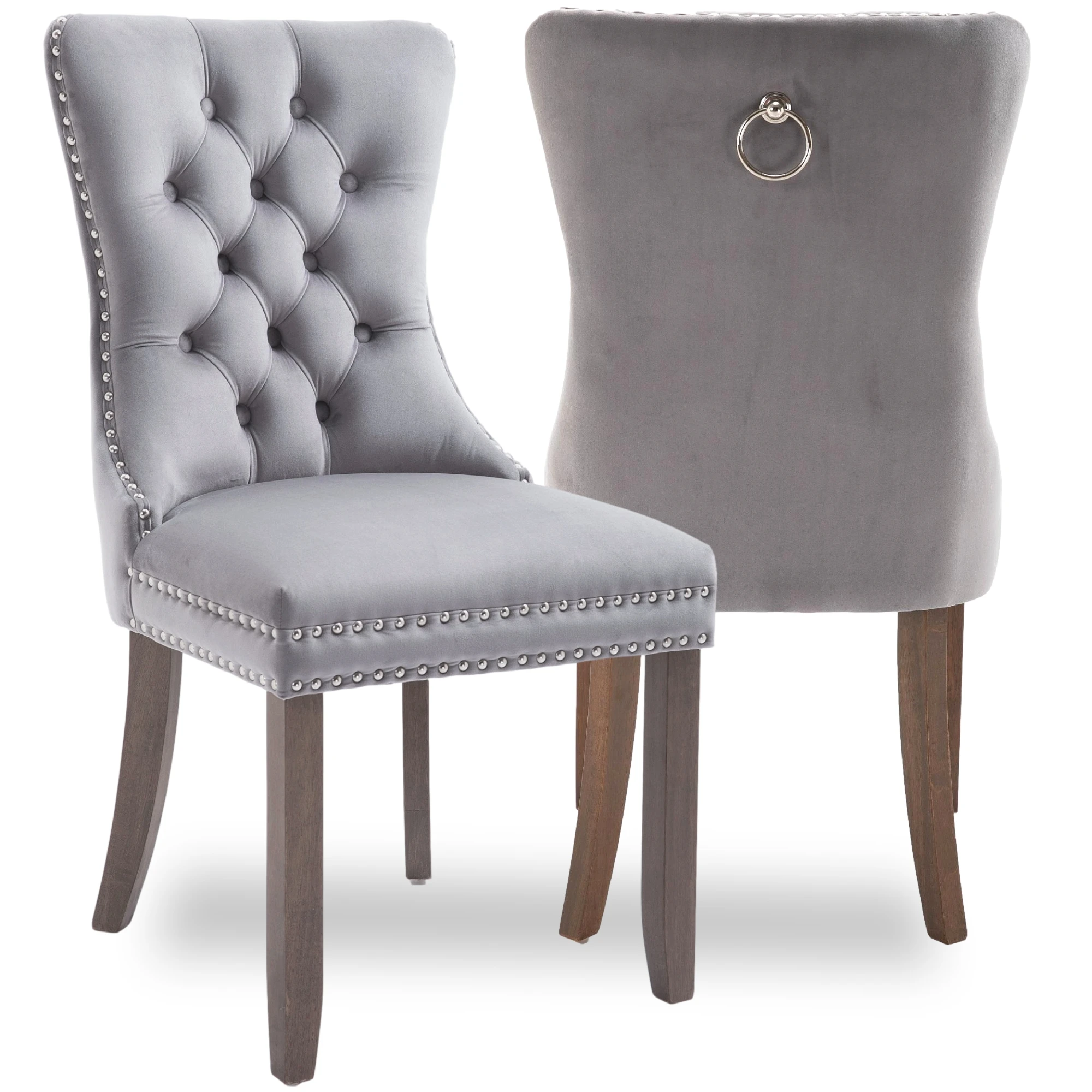 Exquisite and Gratifying Gray Velvet Upholstered Back Button Tufted Nailhead Solid Wood Legs Kitchen Dining Chair US Inventory
