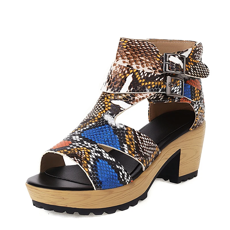 
Summer Autumn Women Open Toe Casual Pumps Snake Pattren Mixed Color Female Sandals High Heels Platform Shoes Buckle Zip Big Size 