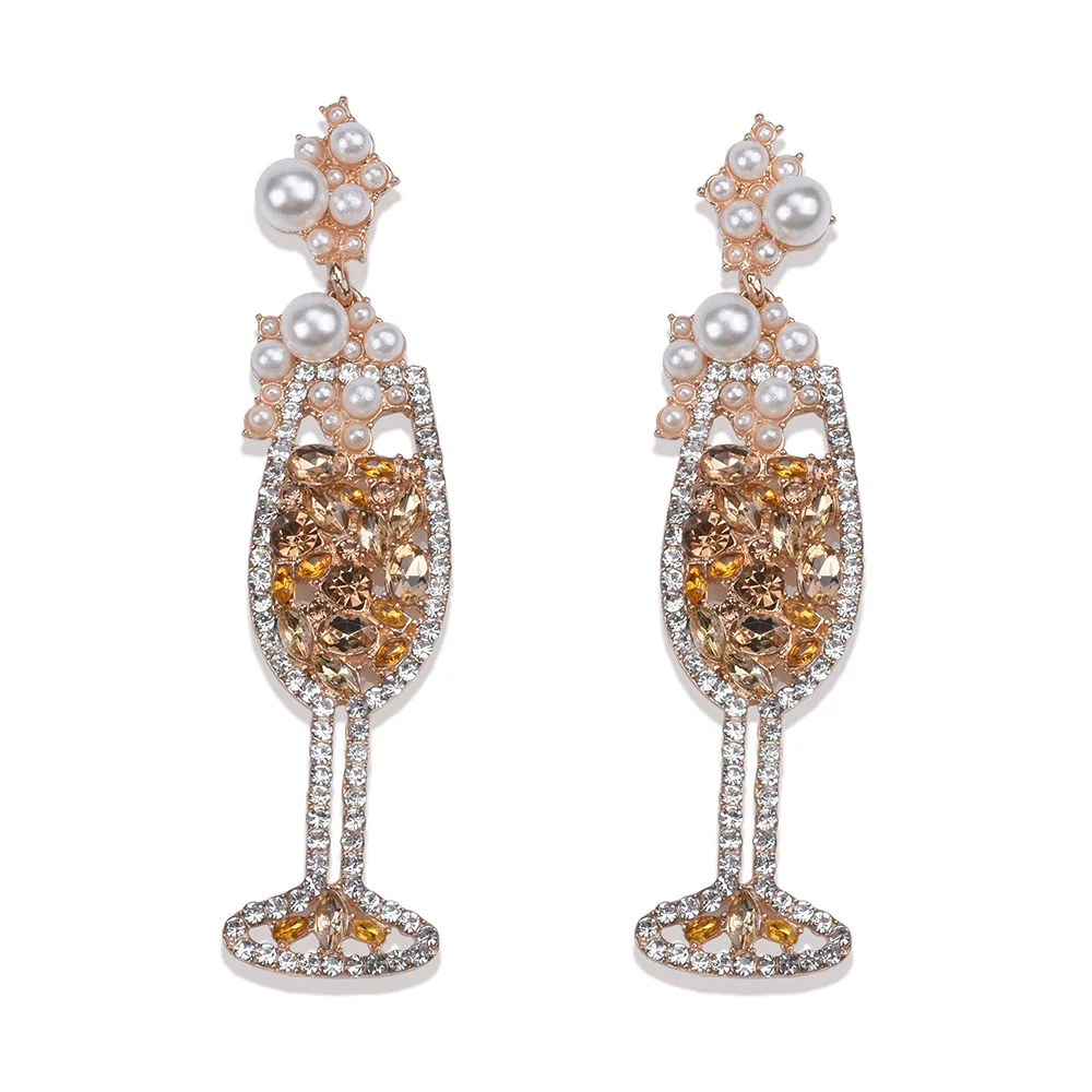 
New products creative and fresh stud gem stone temperament wild pearl jewelry pearl red wine glass women golden earrings 