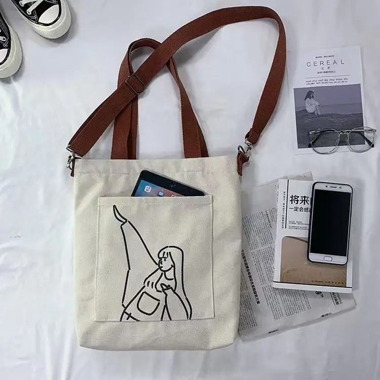 Custom LOGO Print Inside Zip Pocket Crossbody Black Beige Cotton Canvas Messenger Tote Bag with Adjustable Strap Handle