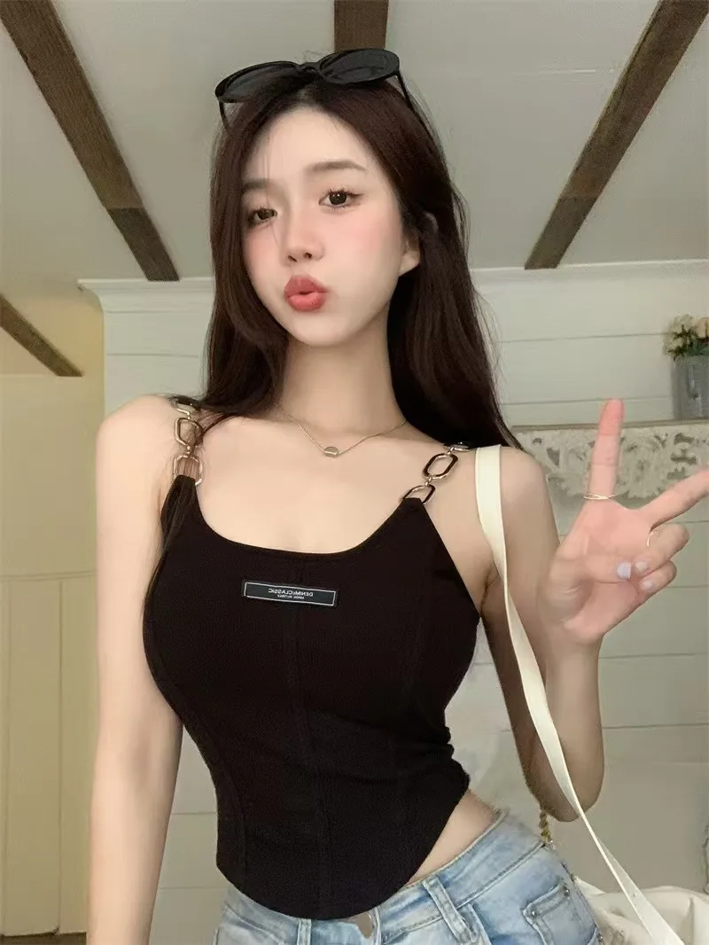 Wholesale Casual Embroidery Letter Shoulder Belt Iron Ring Knitted Solid Pattern Bra Pad Y2K Crop Seamless Tank Tops for Women