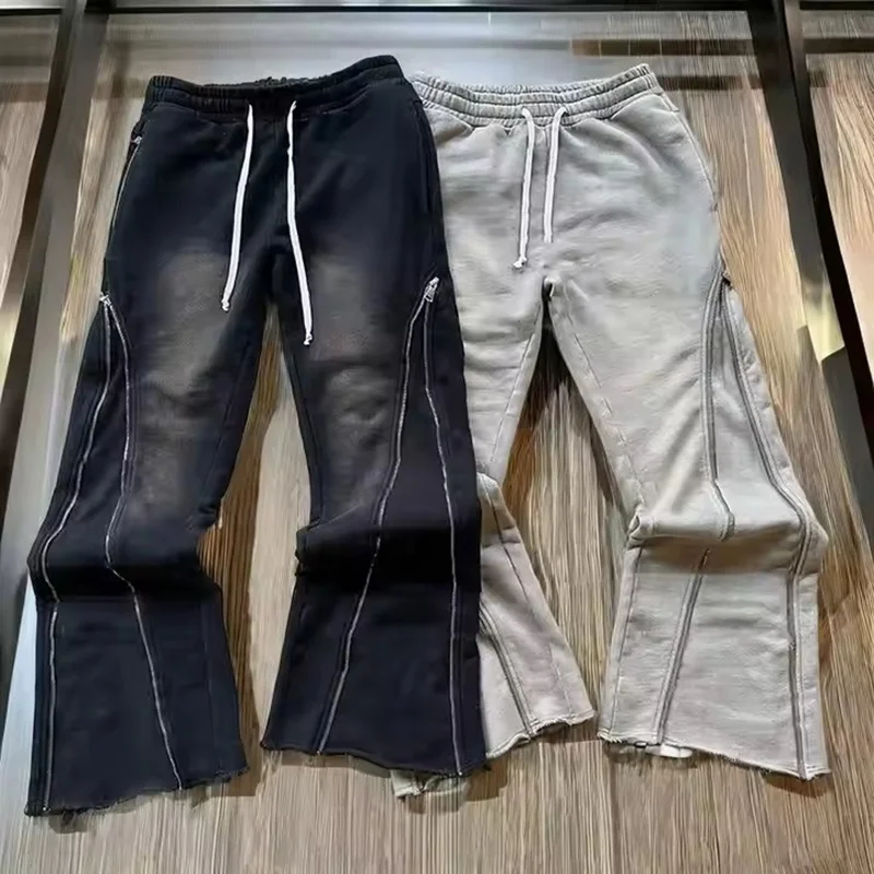 Rainbow Spray Streetwear Custom Sun Faded Flared Sweat Pants Men Zip Up Blank Heavy Cut and Sew Baggy Acid Washed Sweatpants Men