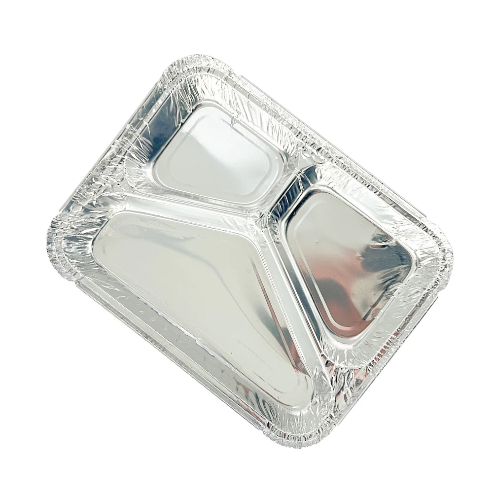 Wholesale Food Packaging Aluminum Foil Take-Out Pan Disposable 3-compartment Oblong Aluminum Foil Container