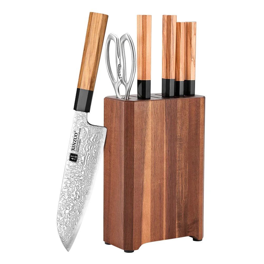 XINZUO New Luxury Chef Knife Set 7 pcs Damascus Steel Olive Wood Kitchen Knives Scissors Wooden Holder