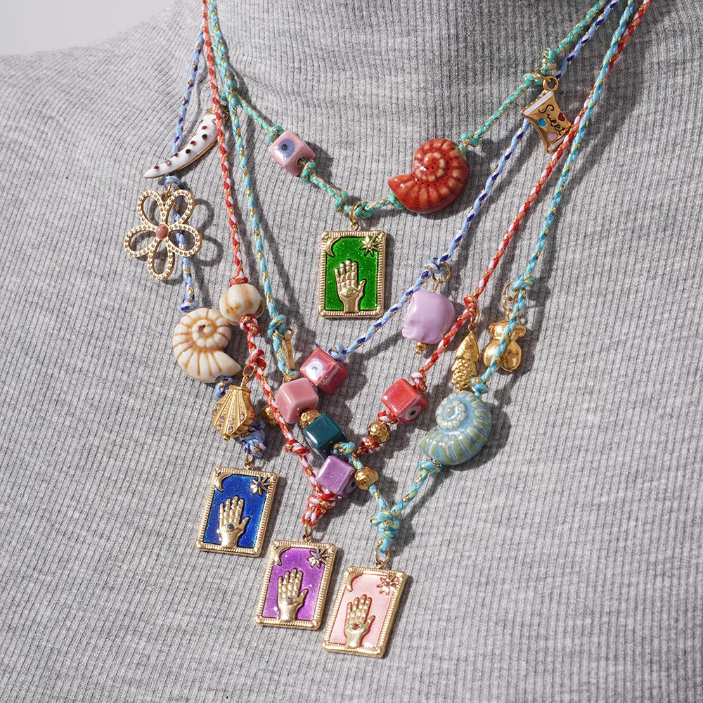 Unisex Retro Bohemian Style Stainless Steel Flower Pendant on Rope Tarot Brand Shell Ceramic Rope Heart-Shaped Gifts