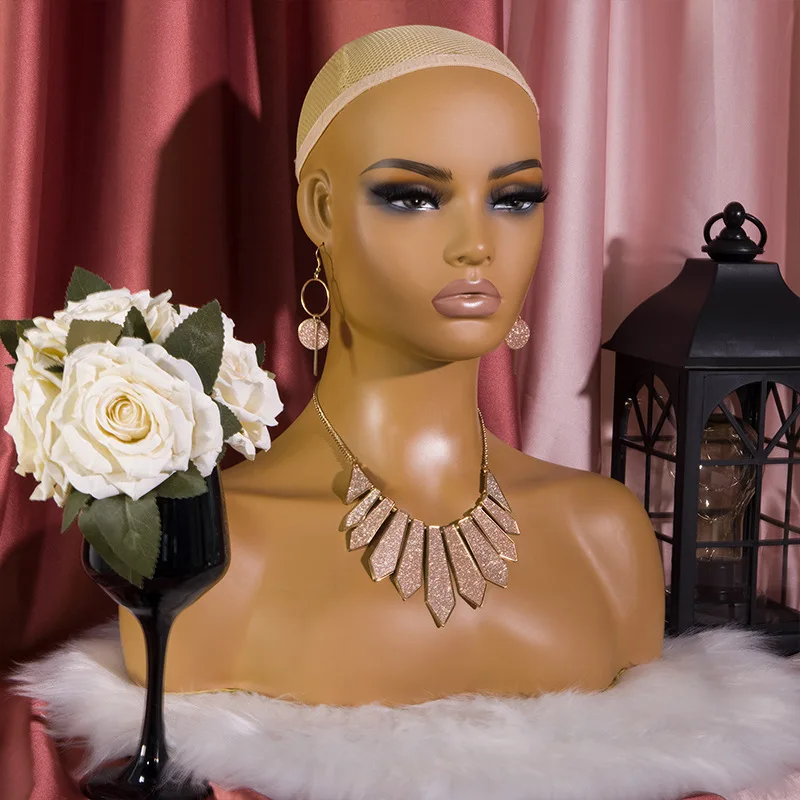 Makeup African American PVC Realistic Female Wig Display Mannequins Head With Shoulders Bust For Wigs