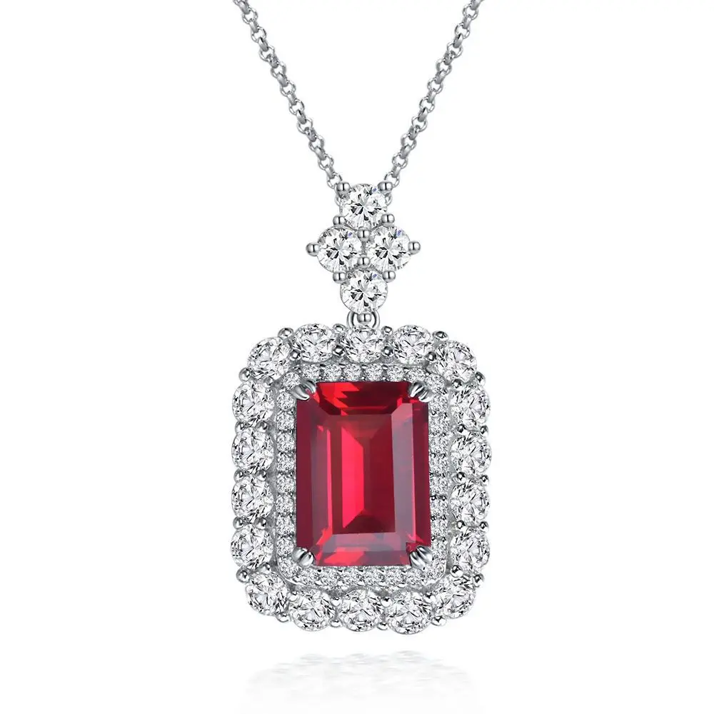 Elegant Luxury 2022 Ins Style Luxury Big Red Ruby 10mm*14mm Stone Pendant Necklace 925 Silver