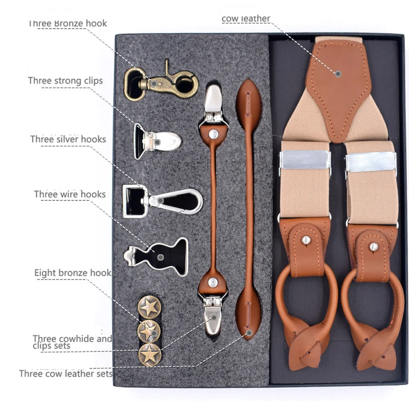 
Latest 1set 3.5X120cm Business Men Suspenders Luxury Multi-set Suit 3/6 Clips Suspenders DIY Genuine Leather Suspender For Gift 